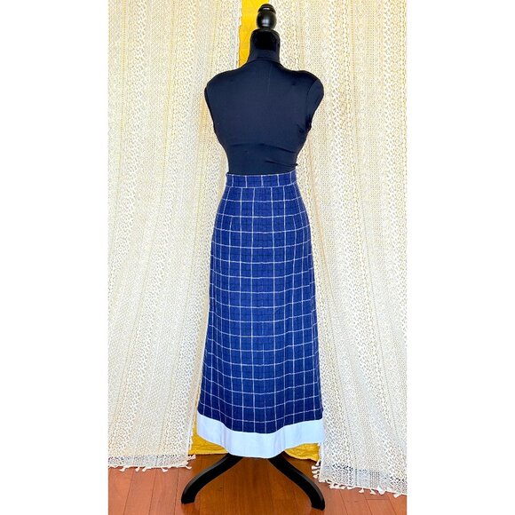 Vintage Handmade Preppy Nautical Wool Navy Blue Plaid Maxi Skirt Size S - Picture 10 of 13